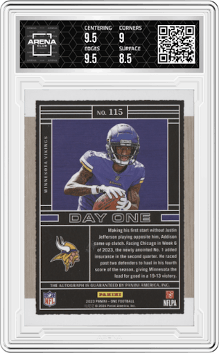 Jordan Addison from the 2023 Panini One set featuring a Red  parallel graded by Arena Club and given an overall grade of 9.