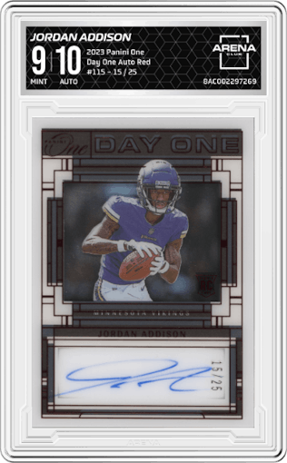 Jordan Addison from the 2023 Panini One set featuring a Red  parallel graded by Arena Club and given an overall grade of 9.