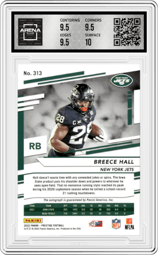 Breece Hall from the 2022 Panini Prestige set featuring a Gold parallel graded by Arena Club and given an overall grade of 10.