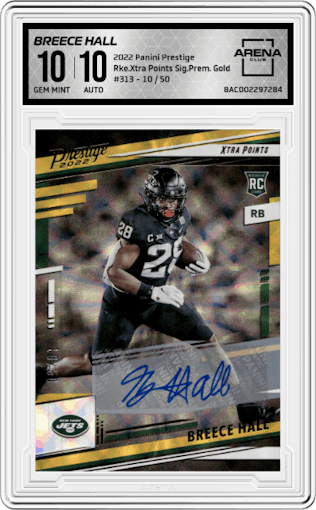 Breece Hall from the 2022 Panini Prestige set featuring a Gold parallel graded by Arena Club and given an overall grade of 10.