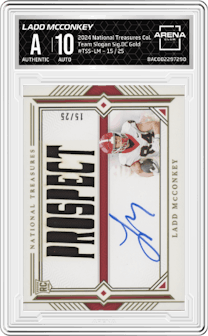 Ladd McConkey from the 2024 Panini National Treasures Collegiate set featuring a Gold parallel graded by Arena Club and given an overall grade of 0.