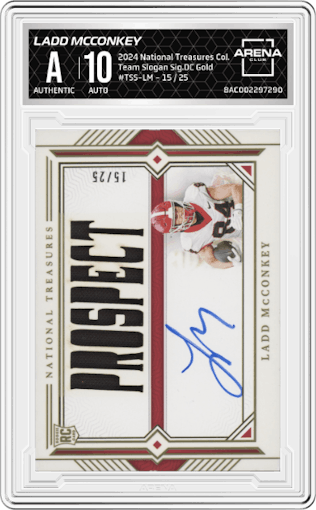 Ladd McConkey from the 2024 Panini National Treasures Collegiate set featuring a Gold parallel graded by Arena Club.