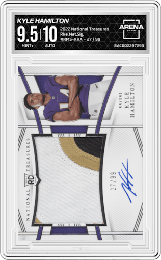 Kyle Hamilton from the 2022 Panini National Treasures set graded by Arena Club and given an overall grade of 9.5.