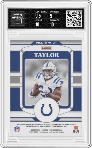 Jonathan Taylor from the 2020 Panini Plates & Patches set featuring a Purple parallel graded by Arena Club and given an overall grade of 9.5.