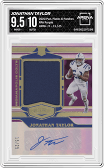Jonathan Taylor from the 2020 Panini Plates & Patches set featuring a Purple parallel graded by Arena Club and given an overall grade of 9.5.