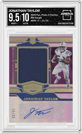 Jonathan Taylor from the 2020 Panini Plates & Patches set featuring a Purple parallel graded by Arena Club and given an overall grade of 9.5.
