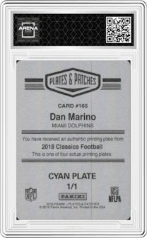 Dan Marino from the 2018 Panini Plates & Patches set featuring a Printing Plate Cyan parallel graded by Arena Club and given an overall grade of 0.