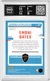 Emoni Bates from the 2023-24 Donruss Optic set featuring a Purple Stars FOTL parallel graded by Arena Club and given an overall grade of 9.5.