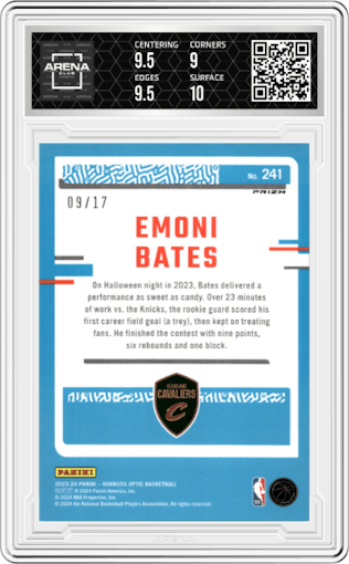 Emoni Bates from the 2023-24 Donruss Optic set featuring a Purple Stars FOTL parallel graded by Arena Club and given an overall grade of 9.5.