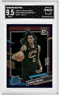 Emoni Bates from the 2023-24 Donruss Optic set featuring a Purple Stars FOTL parallel graded by Arena Club and given an overall grade of 9.5.