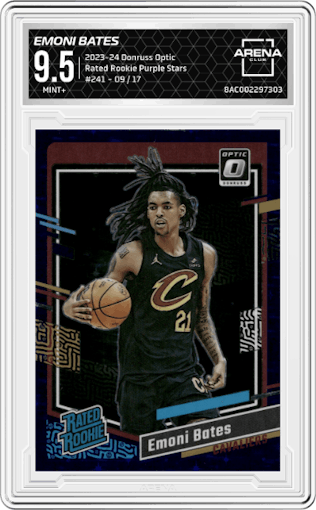 Emoni Bates from the 2023-24 Donruss Optic set featuring a Purple Stars FOTL parallel graded by Arena Club and given an overall grade of 9.5.