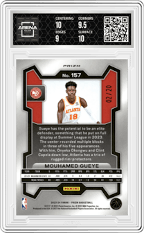 Mouhamed Gueye from the 2023-24 Panini Prizm set featuring a Choice Cherry Blossom parallel graded by Arena Club and given an overall grade of 9.5.
