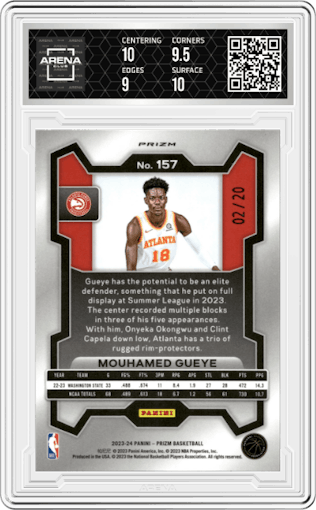 Mouhamed Gueye from the 2023-24 Panini Prizm set featuring a Choice Cherry Blossom parallel graded by Arena Club and given an overall grade of 9.5.