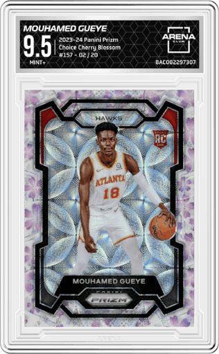 Mouhamed Gueye from the 2023-24 Panini Prizm set featuring a Choice Cherry Blossom parallel graded by Arena Club and given an overall grade of 9.5.