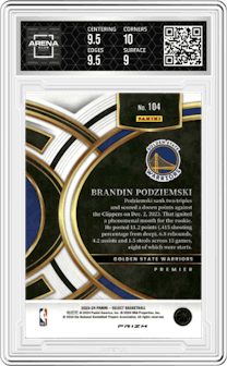Brandin Podziemski from the 2023-24 Panini Select  set featuring a Tiger parallel graded by Arena Club and given an overall grade of 9.5.