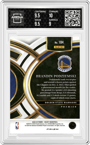 Brandin Podziemski from the 2023-24 Panini Select  set featuring a Tiger parallel graded by Arena Club and given an overall grade of 9.5.