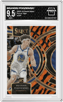 Brandin Podziemski from the 2023-24 Panini Select  set featuring a Tiger parallel graded by Arena Club and given an overall grade of 9.5.