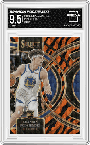 Brandin Podziemski from the 2023-24 Panini Select  set featuring a Tiger parallel graded by Arena Club and given an overall grade of 9.5.