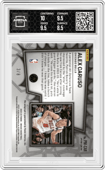 Alex Caruso from the 2022-23 Panini Mosaic set featuring a Black Gold Choice parallel graded by Arena Club and given an overall grade of 9.