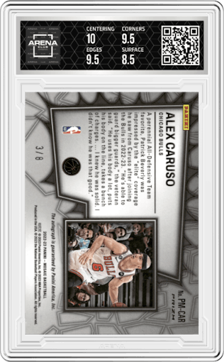 Alex Caruso from the 2022-23 Panini Mosaic set featuring a Black Gold Choice parallel graded by Arena Club and given an overall grade of 9.