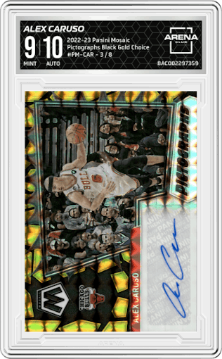 Alex Caruso from the 2022-23 Panini Mosaic set featuring a Black Gold Choice parallel graded by Arena Club and given an overall grade of 9.