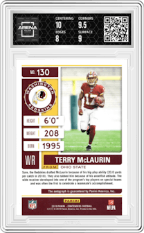 Terry McLaurin from the 2019 Panini Contenders set featuring a Red Zone parallel graded by Arena Club and given an overall grade of 8.5.