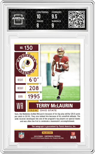 Terry McLaurin from the 2019 Panini Contenders set featuring a Red Zone parallel graded by Arena Club and given an overall grade of 8.5.