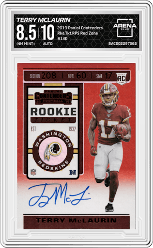 Terry McLaurin from the 2019 Panini Contenders set featuring a Red Zone parallel graded by Arena Club and given an overall grade of 8.5.