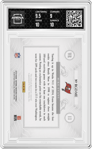 Mike Evans from the 2014 Panini National Treasures set featuring a Prime parallel graded by Arena Club and given an overall grade of 9.5.