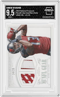 Mike Evans from the 2014 Panini National Treasures set featuring a Prime parallel graded by Arena Club and given an overall grade of 9.5.