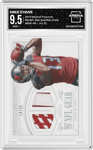 Mike Evans from the 2014 Panini National Treasures set featuring a Prime parallel graded by Arena Club and given an overall grade of 9.5.