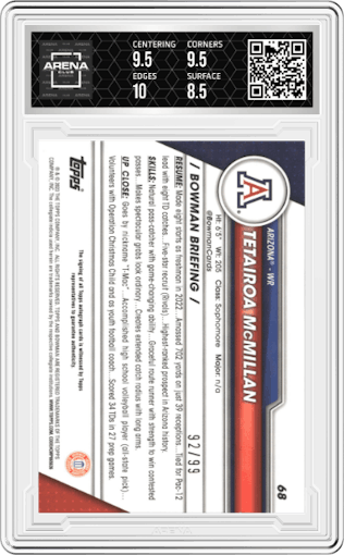 Tetairoa McMillan from the 2023 Bowman Chrome University set featuring a Green Refractor parallel graded by Arena Club and given an overall grade of 9.