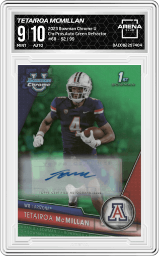 Tetairoa McMillan from the 2023 Bowman Chrome University set featuring a Green Refractor parallel graded by Arena Club and given an overall grade of 9.