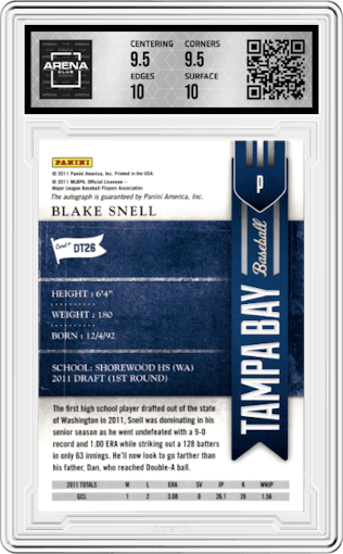 Blake Snell from the 2011 Playoff Contenders set graded by Arena Club and given an overall grade of 10.