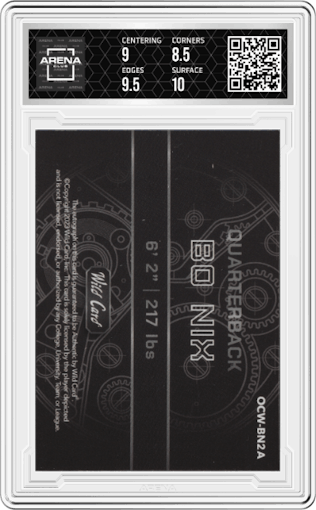BO NIX from the 2023 Wild Card QB1 On the Clock set featuring a Orange Mojo Foil parallel graded by Arena Club and given an overall grade of 9.
