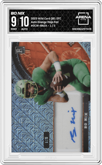 BO NIX from the 2023 Wild Card QB1 On the Clock set featuring a Orange Mojo Foil parallel graded by Arena Club and given an overall grade of 9.