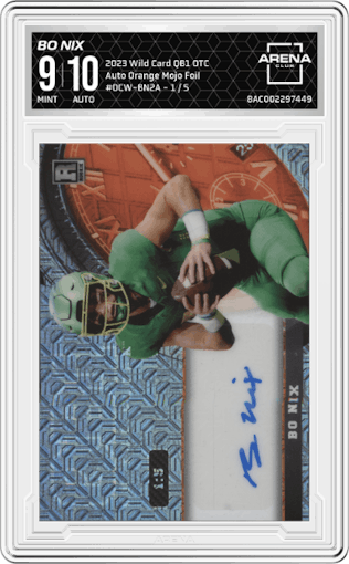 BO NIX from the 2023 Wild Card QB1 On the Clock set featuring a Orange Mojo Foil parallel graded by Arena Club and given an overall grade of 9.