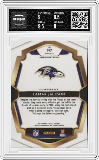 Lamar Jackson from the 2018 Panini Select set featuring a Silver Prizm parallel graded by Arena Club and given an overall grade of 9.5.