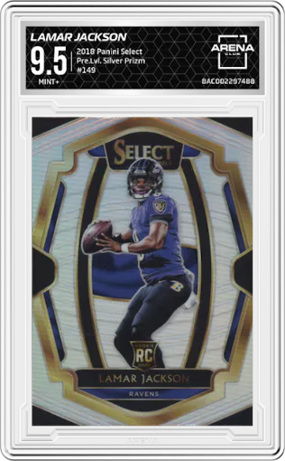Lamar Jackson from the 2018 Panini Select set featuring a Silver Prizm parallel graded by Arena Club and given an overall grade of 9.5.