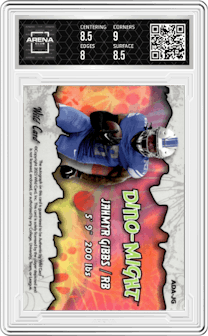 Jahmyr Gibbs from the 2023 Wild Card Alumination Rookie Edition set featuring a Trex Crystal Holographic Foil Board parallel graded by Arena Club and given an overall grade of 8.5.