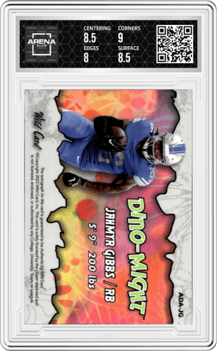 Jahmyr Gibbs from the 2023 Wild Card Alumination Rookie Edition set featuring a Trex Crystal Holographic Foil Board parallel graded by Arena Club and given an overall grade of 8.5.