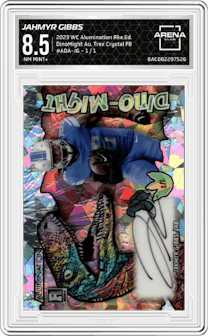 Jahmyr Gibbs from the 2023 Wild Card Alumination Rookie Edition set featuring a Trex Crystal Holographic Foil Board parallel graded by Arena Club and given an overall grade of 8.5.