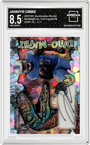 Jahmyr Gibbs from the 2023 Wild Card Alumination Rookie Edition set featuring a Trex Crystal Holographic Foil Board parallel graded by Arena Club and given an overall grade of 8.5.
