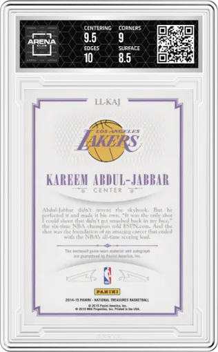 Kareem Abdul-Jabbar from the 2014-15 Panini National Treasures set graded by Arena Club and given an overall grade of 9.