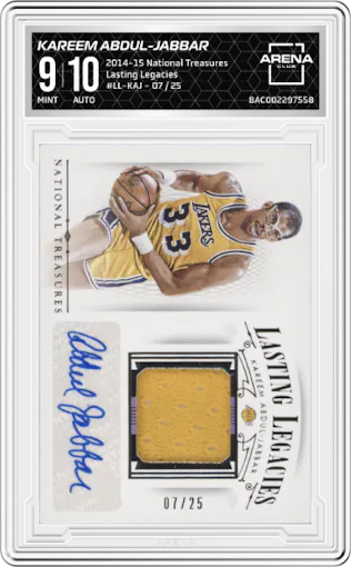 Kareem Abdul-Jabbar from the 2014-15 Panini National Treasures set graded by Arena Club and given an overall grade of 9.