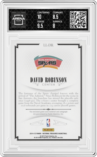 David Robinson from the 2014-15 Panini National Treasures set graded by Arena Club and given an overall grade of 8.5.