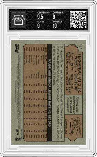 Fernando Tatis Jr. from the 2021 Topps Heritage set graded by Arena Club and given an overall grade of 9.5.