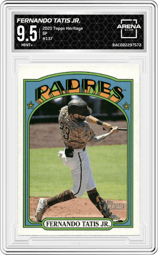 Fernando Tatis Jr. from the 2021 Topps Heritage set graded by Arena Club and given an overall grade of 9.5.