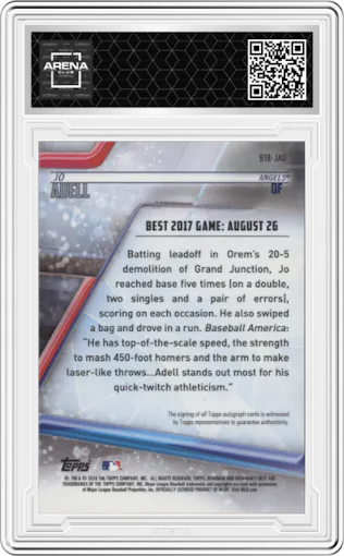 Jo Adell from the 2018 Bowman’s Best set featuring a Red Refractor  parallel graded by Arena Club.