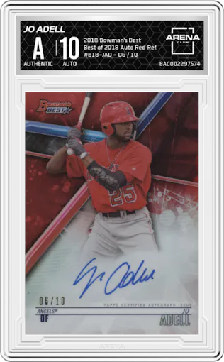 Jo Adell from the 2018 Bowman’s Best set featuring a Red Refractor  parallel graded by Arena Club.